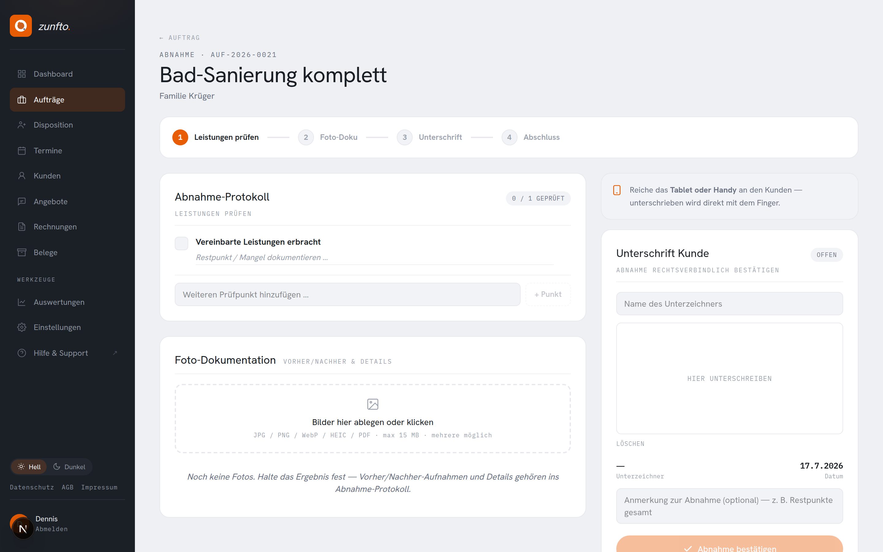 Abnahme-Screen mit Protokoll und Unterschrift