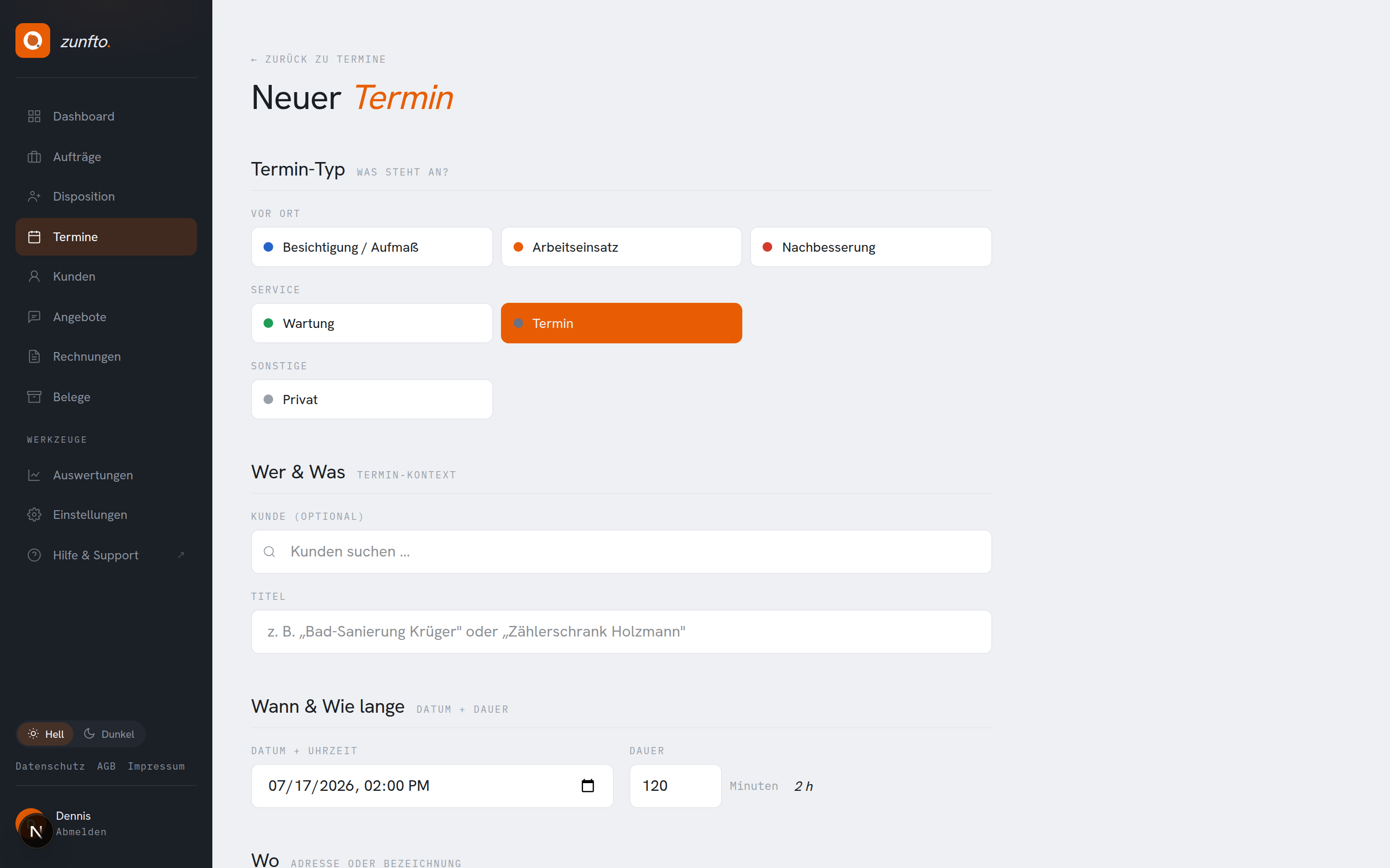 Formular „Neuer Termin"