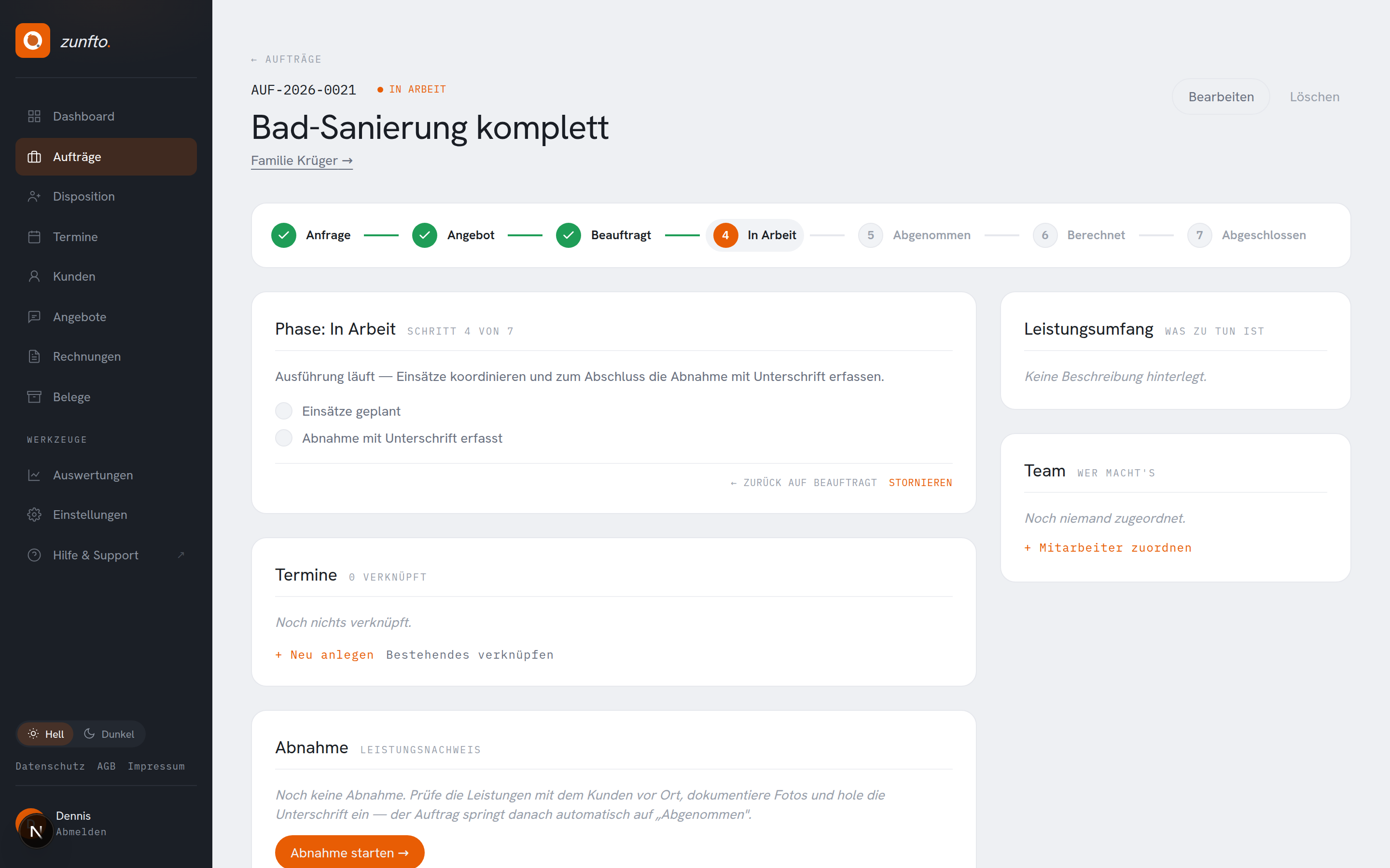 Auftrag mit Workflow-Stepper