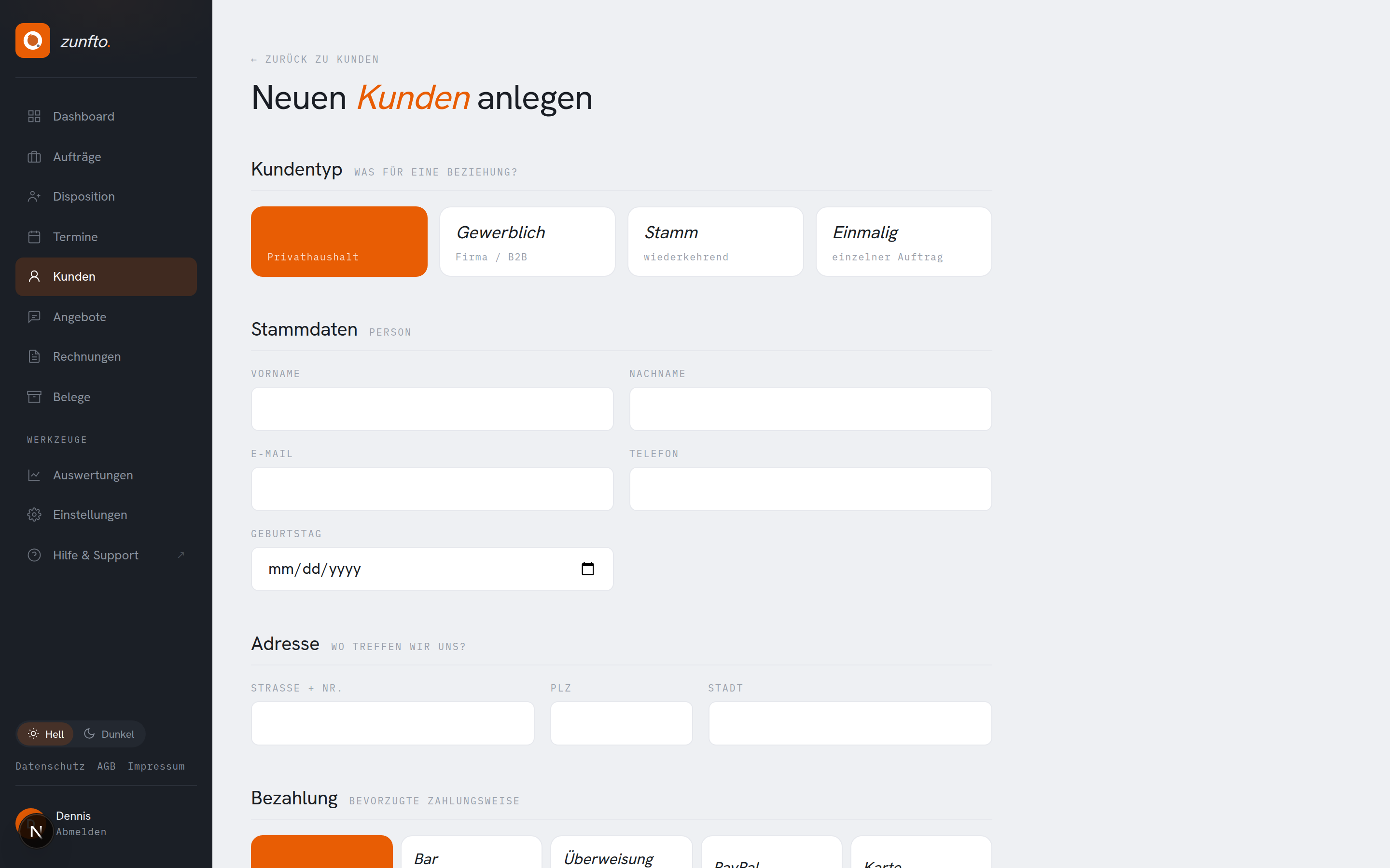 Formular „Neuer Kunde"