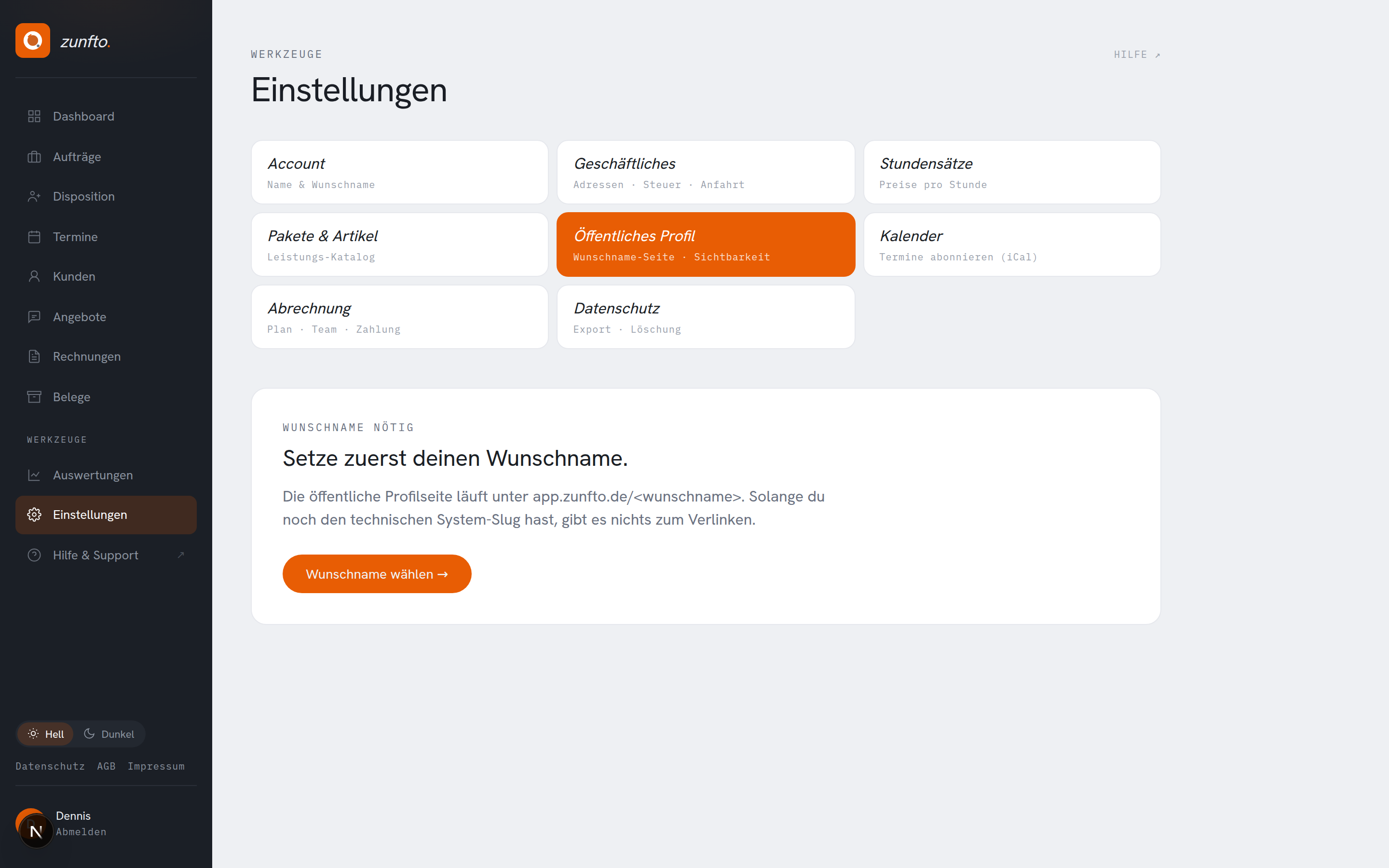 Wunschname-Sektion in den Einstellungen