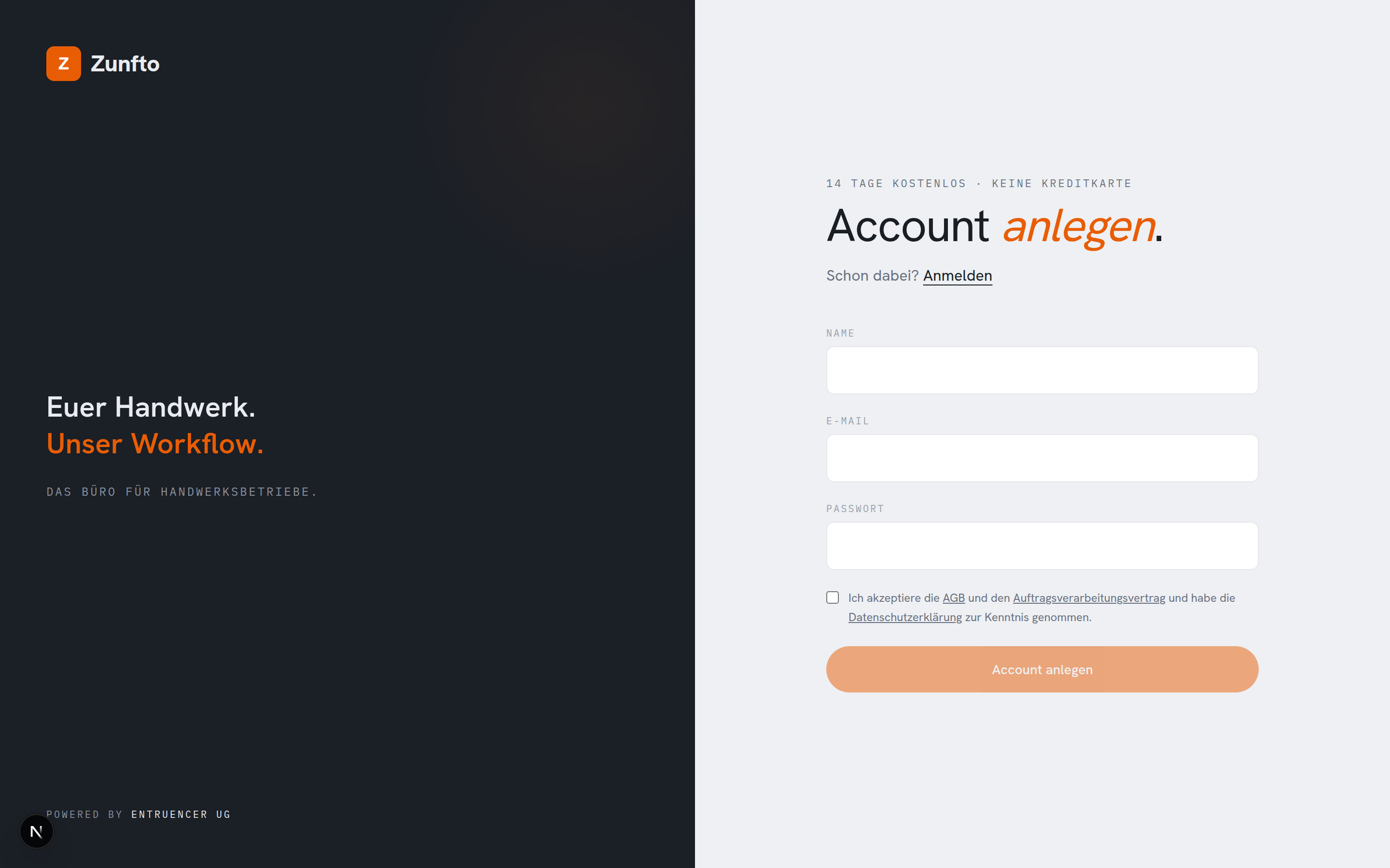 Register-Formular auf app.zunfto.de