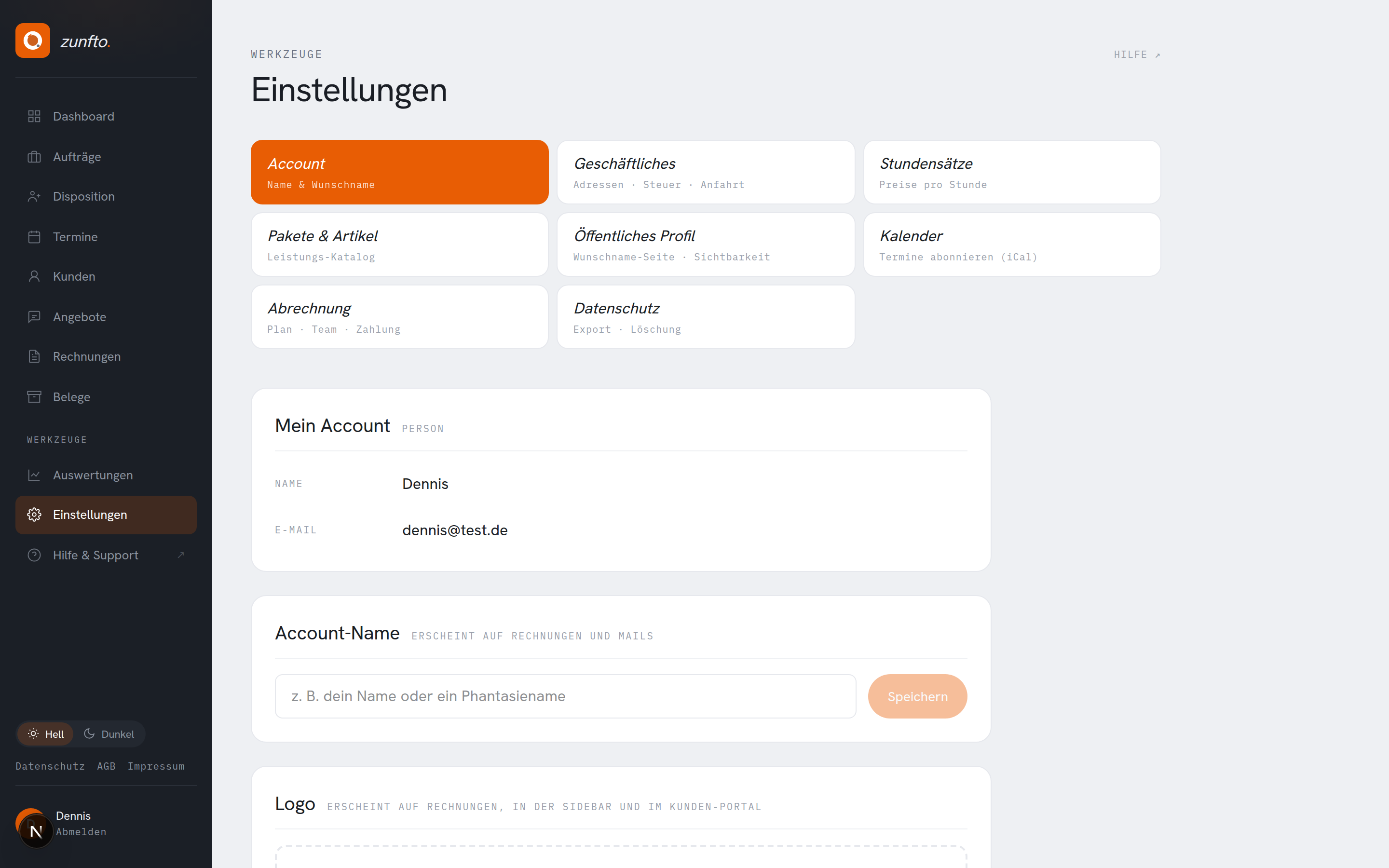 Einstellungsbereich mit Tabs